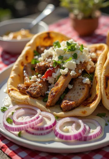 Gyros su ypač daug mėsos, kepta vištiena, jautiena, aviena ir tzatziki padažu