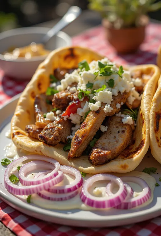 Gyros su ypač daug mėsos, kepta vištiena, jautiena, aviena ir tzatziki padažu