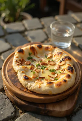 „Naan“ duona su migdolais patiekta lėkštėje
