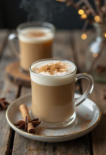 Chai tea latte puodelyje, papuošta cinamonu ir kardamonu