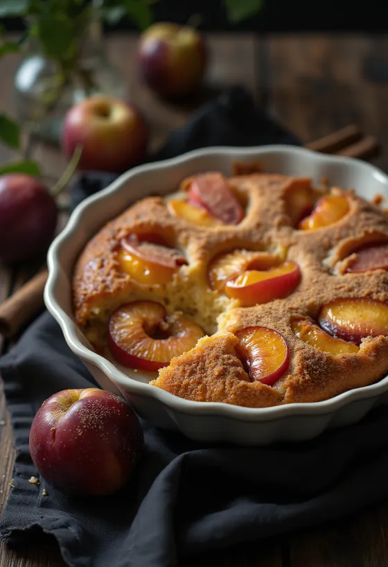Cinamominis slyvų tortas, patiektas su cukraus pudra ir cinamonu