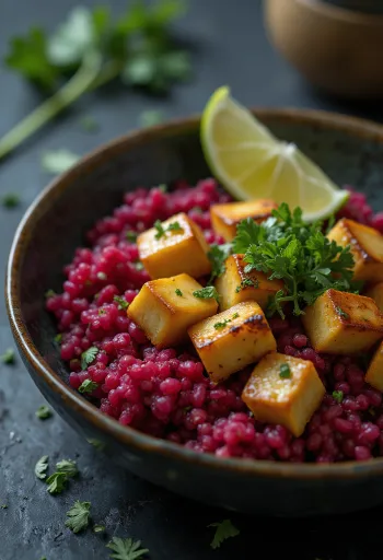 Burokėlių ir bolivinės balandos kario Buda dubuo su laimo tofu