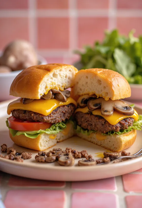 Šviežiai paruoštas įdarytas mėsainis su čederio sūriu ir grybais