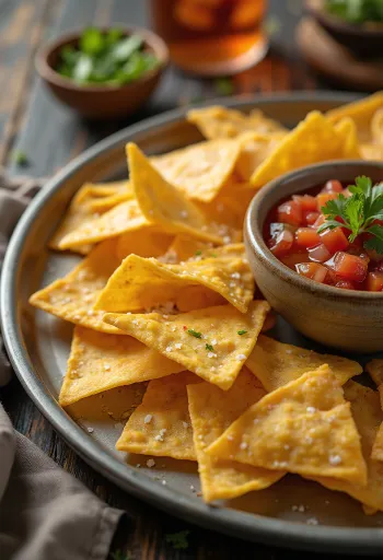 Trikampiai veganiški tortilijų traškučiai dubenėlyje su šviežia salsa