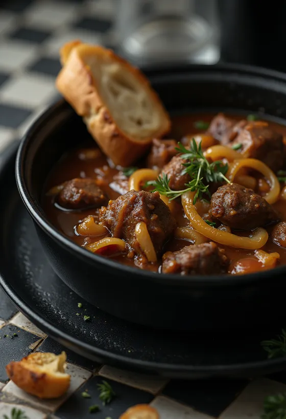 Carbonnade flamande belgiškas jautienos troškinys su alumi patiektas