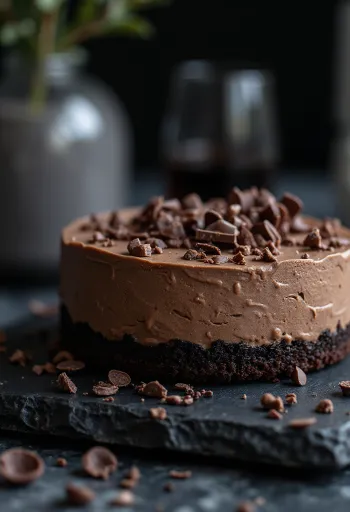 Veganiškas šokoladinių putėsių tortas, papuoštas kakava ir vaisiais