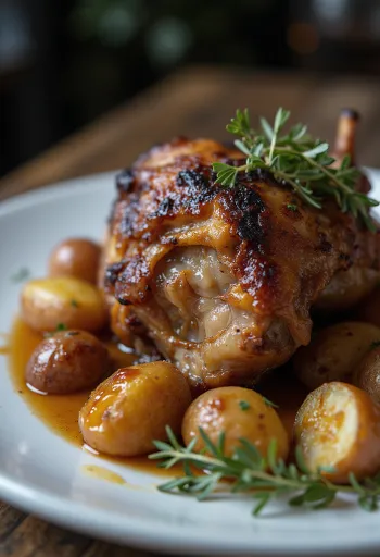 Anties "confit" patiekta su bulvių koše ir daržovėmis