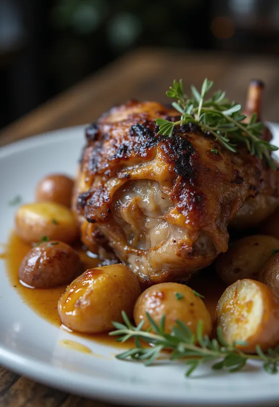 Anties "confit" patiekta su bulvių koše ir daržovėmis
