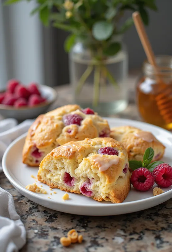 Šviežiai iškepti aviečių ir medaus paplotėliai