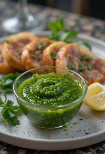 Chimichurri padažas patiektas su kepta mėsa