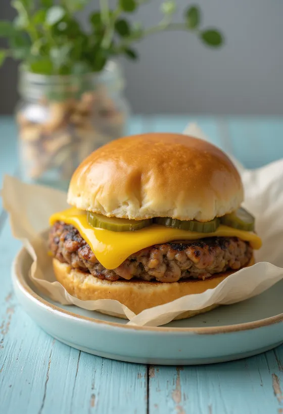 Veganiškas mėsainis su sūriu ir šviežiomis daržovėmis