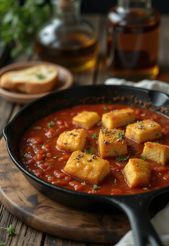 Keptas tofu aštriame pomidorų padaže lėkštėje