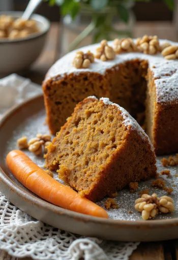 Veganiškas morkų tortas su riešutais ir cukraus pudra