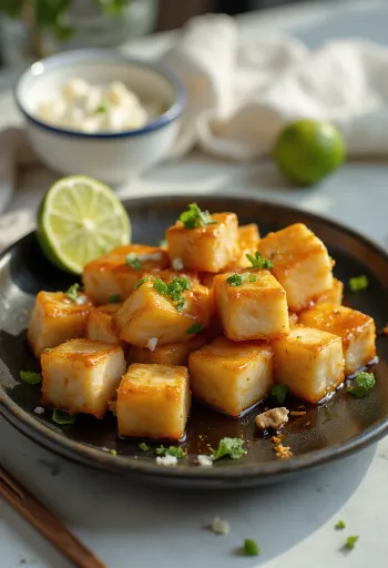 Keptas tofu su žaliųjų citrinų marinatu lėkštėje