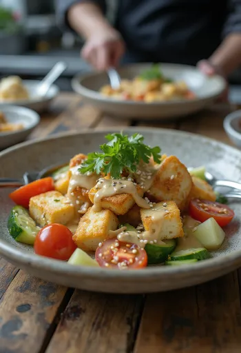 Česnakinio tofu salotos su tahiniu