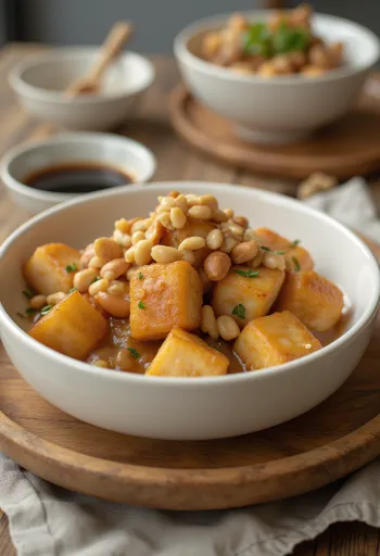 Keptas tofu žemės riešutų marinate lėkštėje