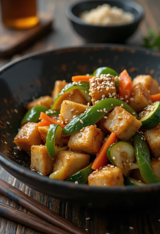 Keptas tofu su daržovėmis, patiektas su spalvotomis paprikomis ir sezamo sėklomis