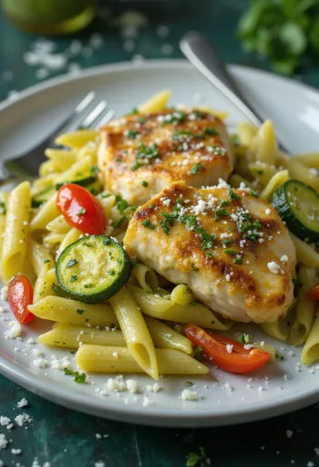 Patiekta vištienos krūtinėlė su daržovėmis ir pesto makaronais