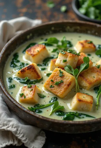 Keptas tofu špinatų padaže lėkštėje
