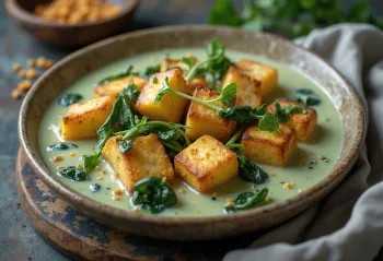 Keptas tofu špinatų padaže lėkštėje