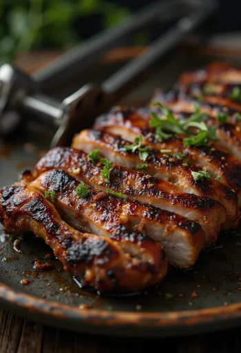 BBQ kiaulienos sprandinė, patiekta su šviežiomis salotomis ir griliuotomis daržovėmis