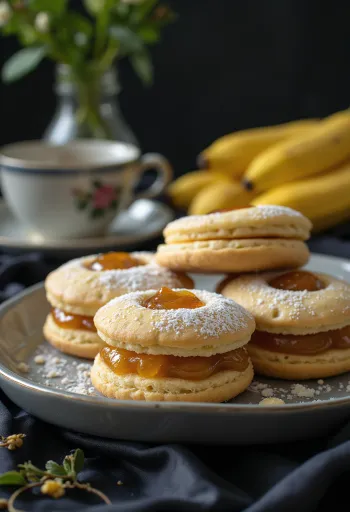 Patiekti citrininiai "Linzer" sausainiai su bananais