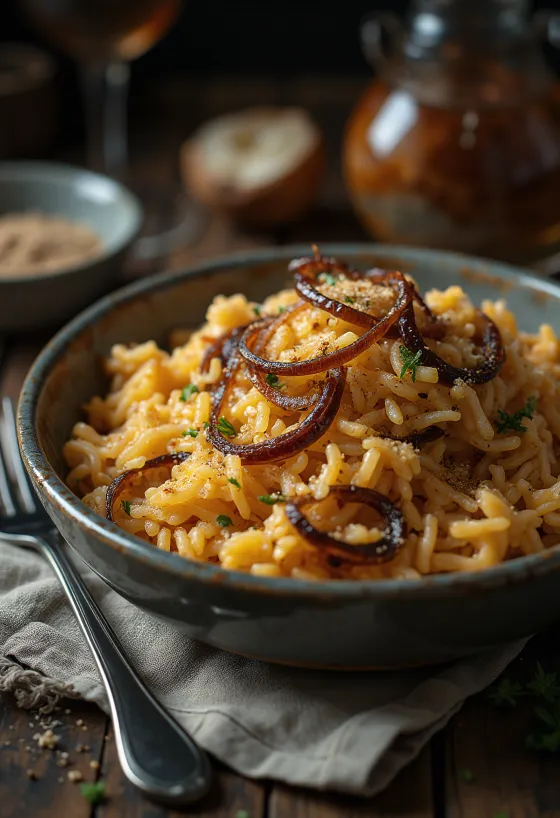 Patiekti aštrūs ryžiai su svogūnais