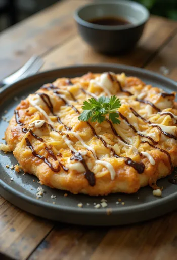 Okonomiyaki pica su kopūstais ir tuno drožlėmis