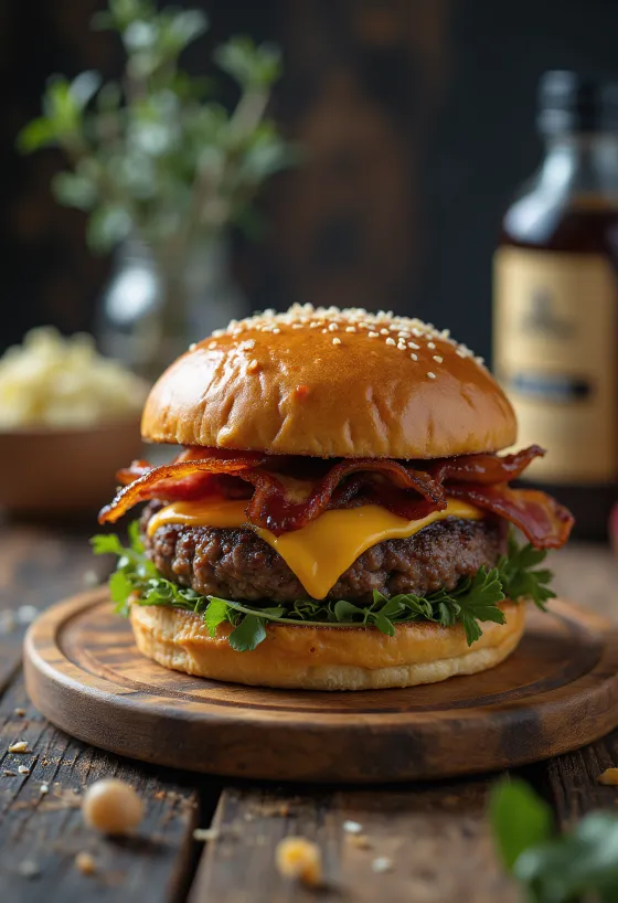 BBQ mėsainis su šonine ir sūriu, sultingu paplotėliu ir dūminiu BBQ padažu