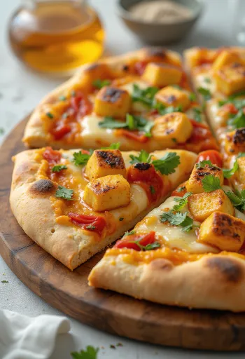 Paneer tikka pica su jogurtiniu padažu ir daržovėmis