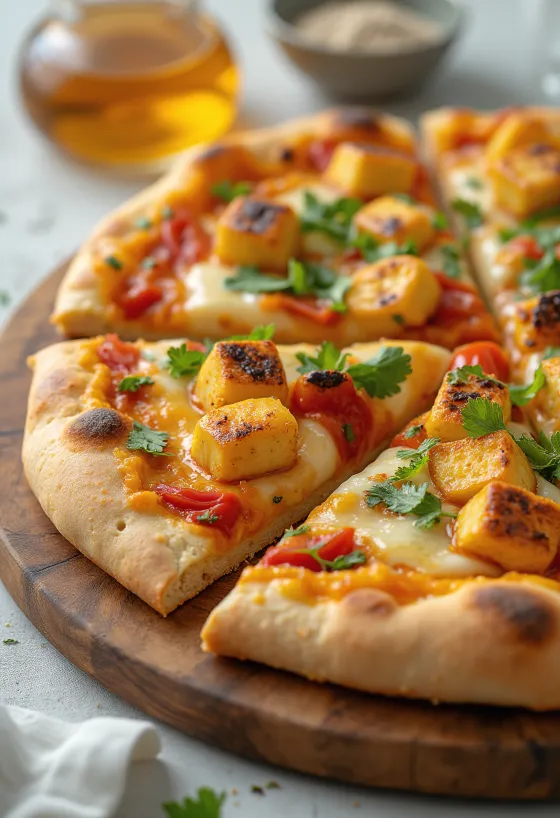 Paneer tikka pica su jogurtiniu padažu ir daržovėmis
