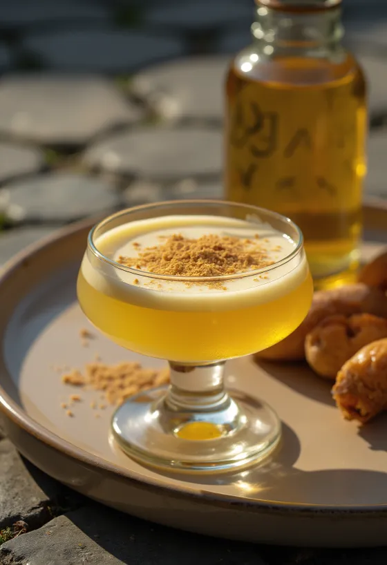 Naminis kiaušininis likeris butelyje, pabarstytas muskato riešutu.