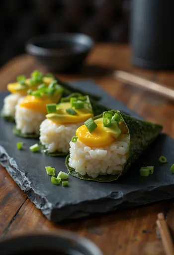 Temaki su Tamagoyaki, patiekiama su šviežiomis daržovėmis