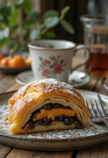 Moliūgų ir aguonų strudelis, iškeptas iki auksinės spalvos, apibarstytas cukraus pudra