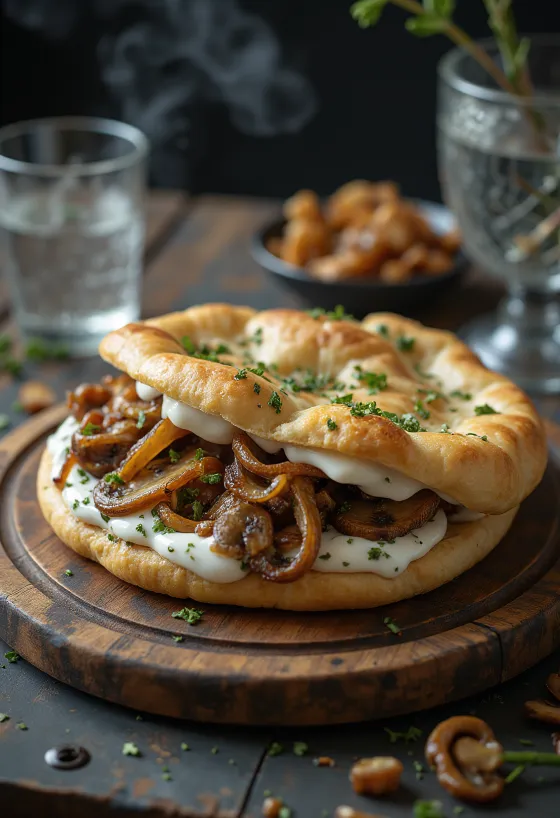 Pita su grybais, keptais grybais ir jogurto padažu