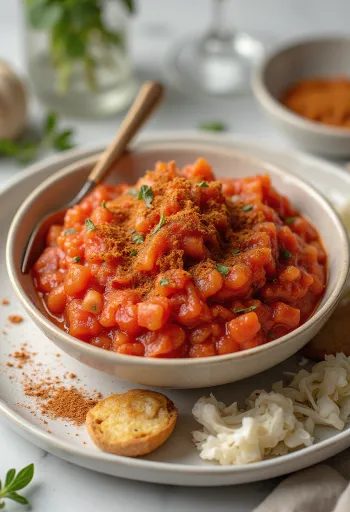Pomidorų padažas su rozmarinais ir paprika dubenėlyje, papuoštas šviežiu rozmarinu ir paprika.
