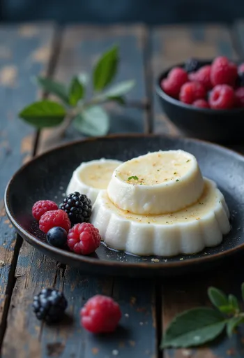 Varškės panna cotta patiekta lėkštėje