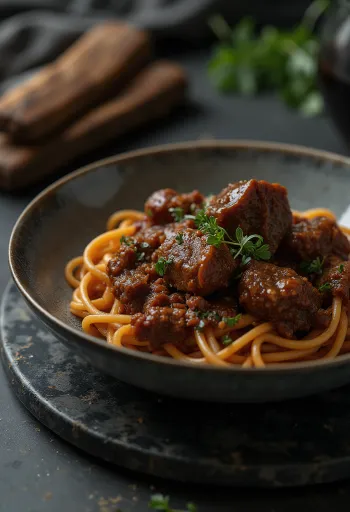 Jautienos žandų ragu patiektas su makaronais