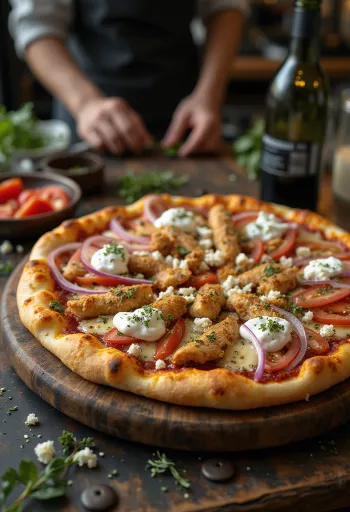 Gyros pica su kepta vištiena, feta sūriu ir dzadzikio padažu