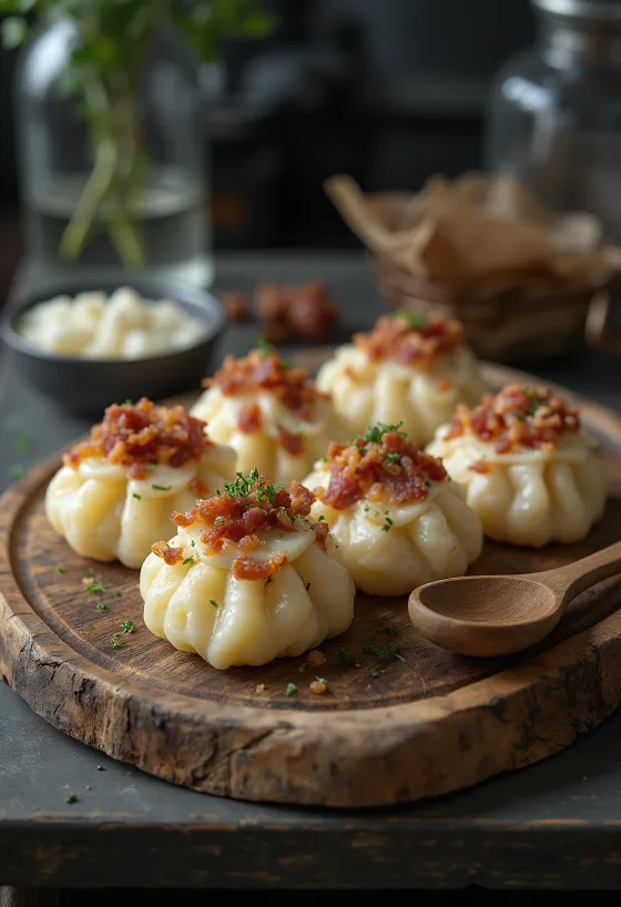 'Strapačky' su avių varške, grietine ir kepinta šonine.