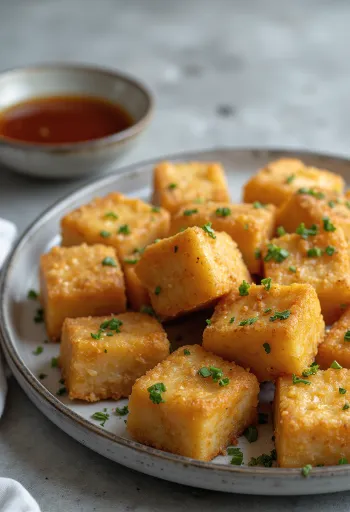 Keptas tofu be glitimo, patiekiamas su šviežiomis petražolėmis