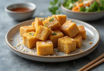 Keptas tofu be glitimo, patiekiamas su šviežiomis petražolėmis