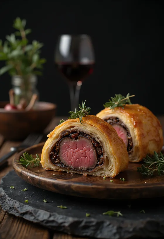 Beef Wellington patiekta lėkštėje
