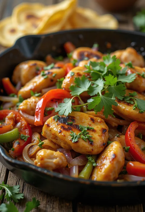Fajitas su vištiena ir daržovėmis, patiekiama su šviežia kalendra