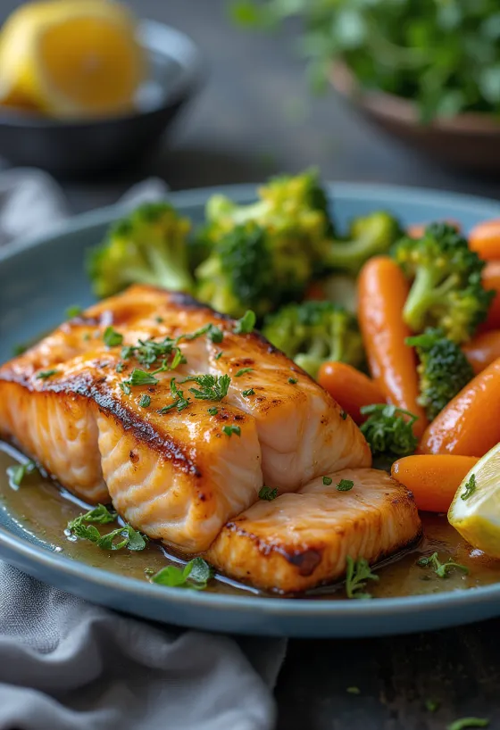 Kepta lašiša su sviestinėmis daržovėmis lėkštėje