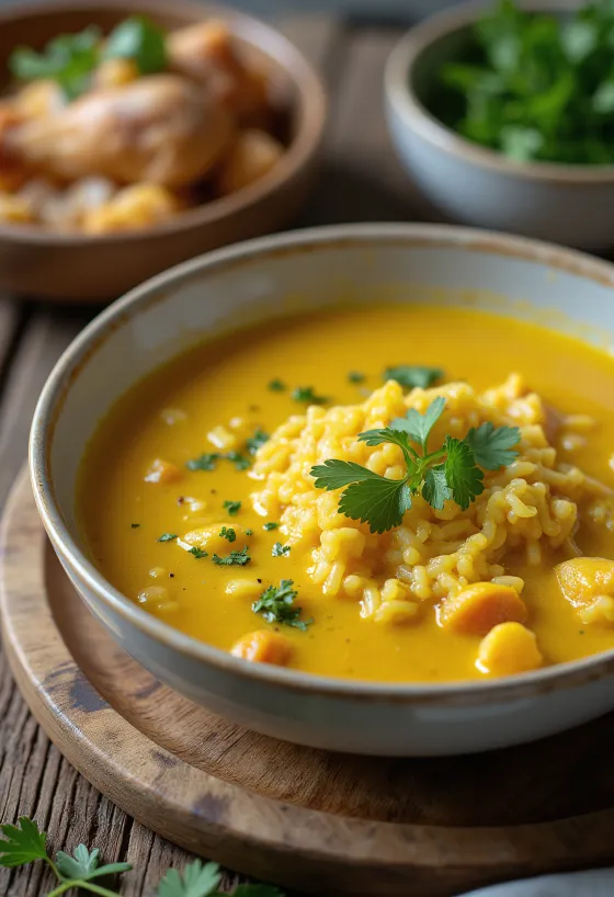 Mulligatawny sriuba su vištiena patiekta