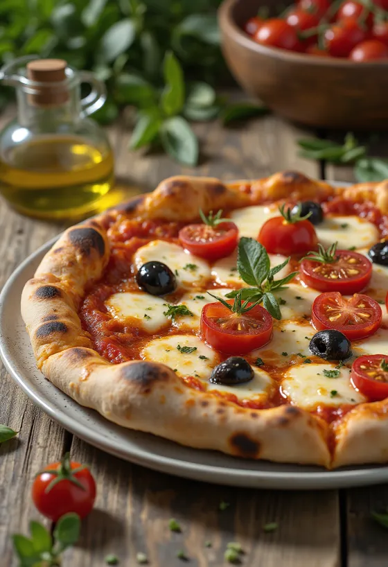 Pizza alla Barese su pomidorais ir juodosiomis alyvuogėmis