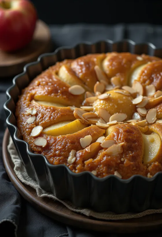 Obuolių ir migdolų tortas su pjaustytais obuoliais ir migdolų miltų sluoksniu