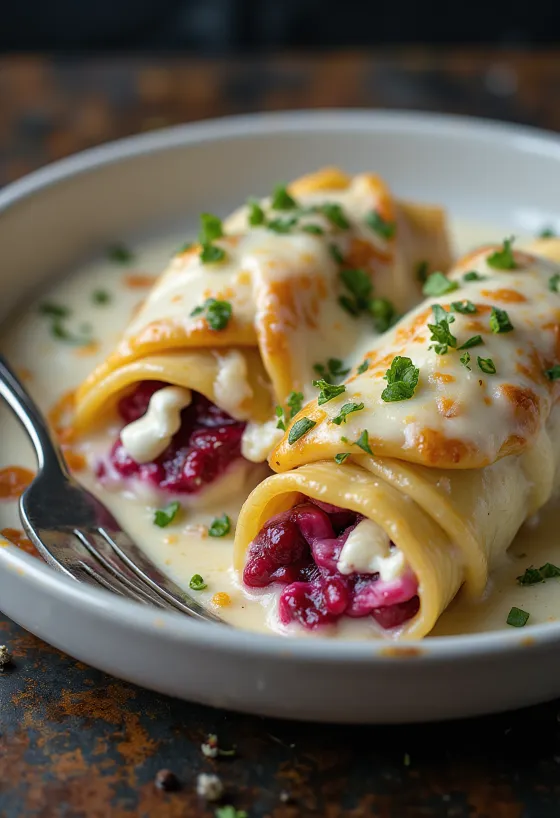 Kepti „cannelloni“ su burokėliais ir ožkos sūriu kreminiame padaže