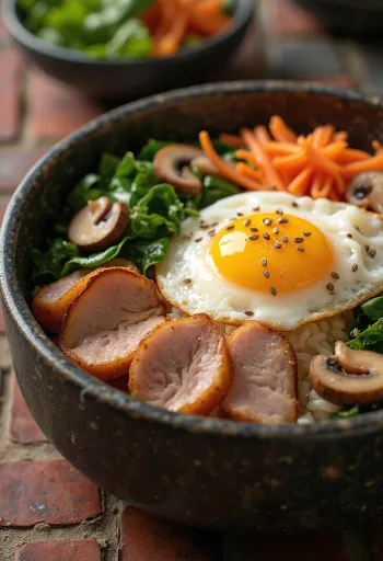 Bibimbap su kiauliena, korėjietiškas patiekalas dubenyje su ryžiais ir daržovėmis